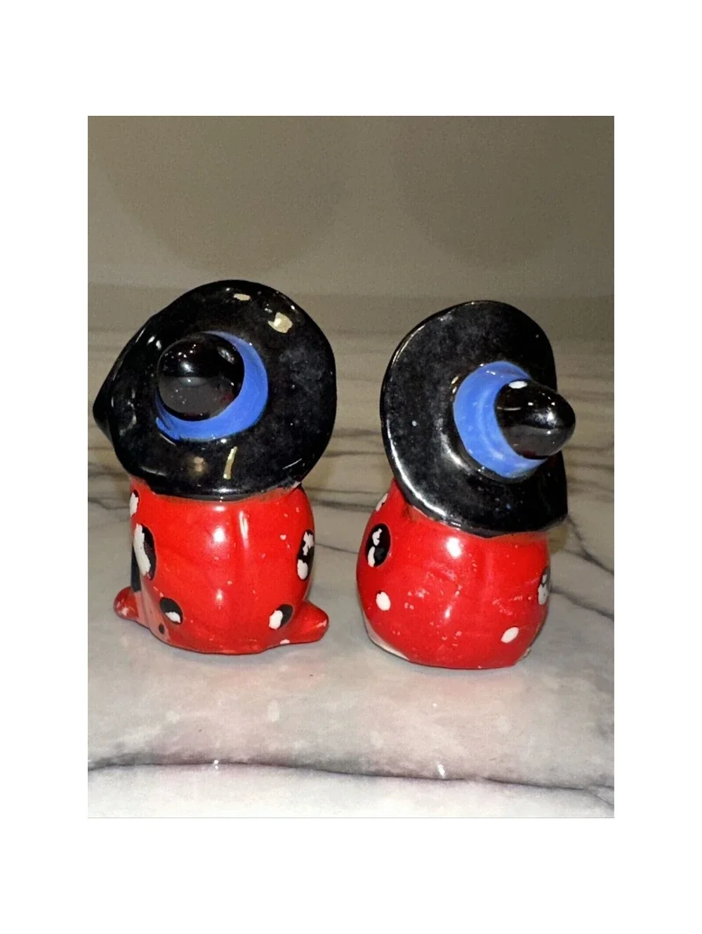 2 1950s Lady Bug Pixie Fairy Salt & Pepper Shakers Cork Stopper Madein Japan